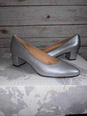 Trotters Metallic Silver Low Block Heel Pumps